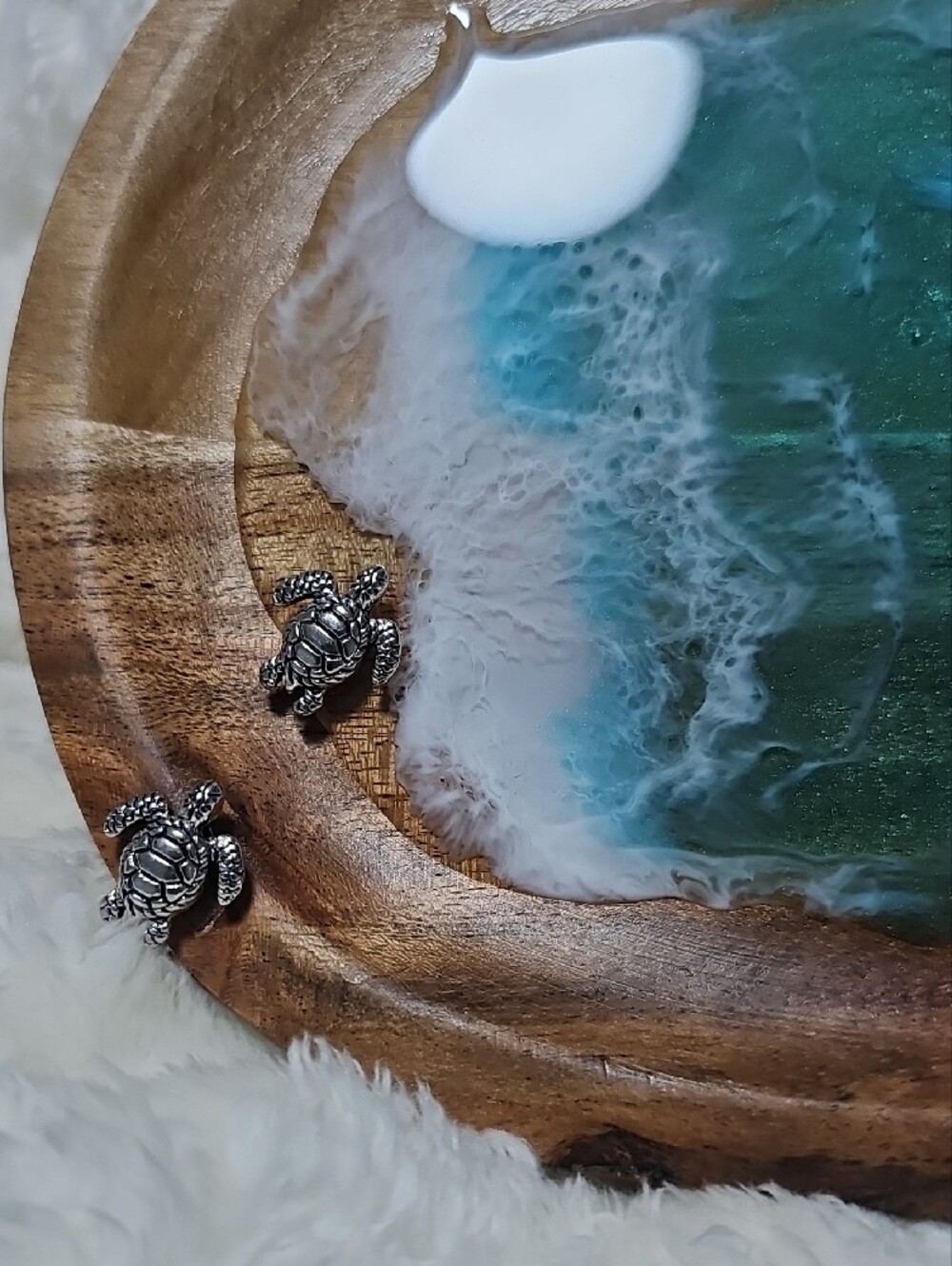 Handcrafted Wooden Ocean Resin Tray - Teal & White Wave Design - Picture 3 of 11